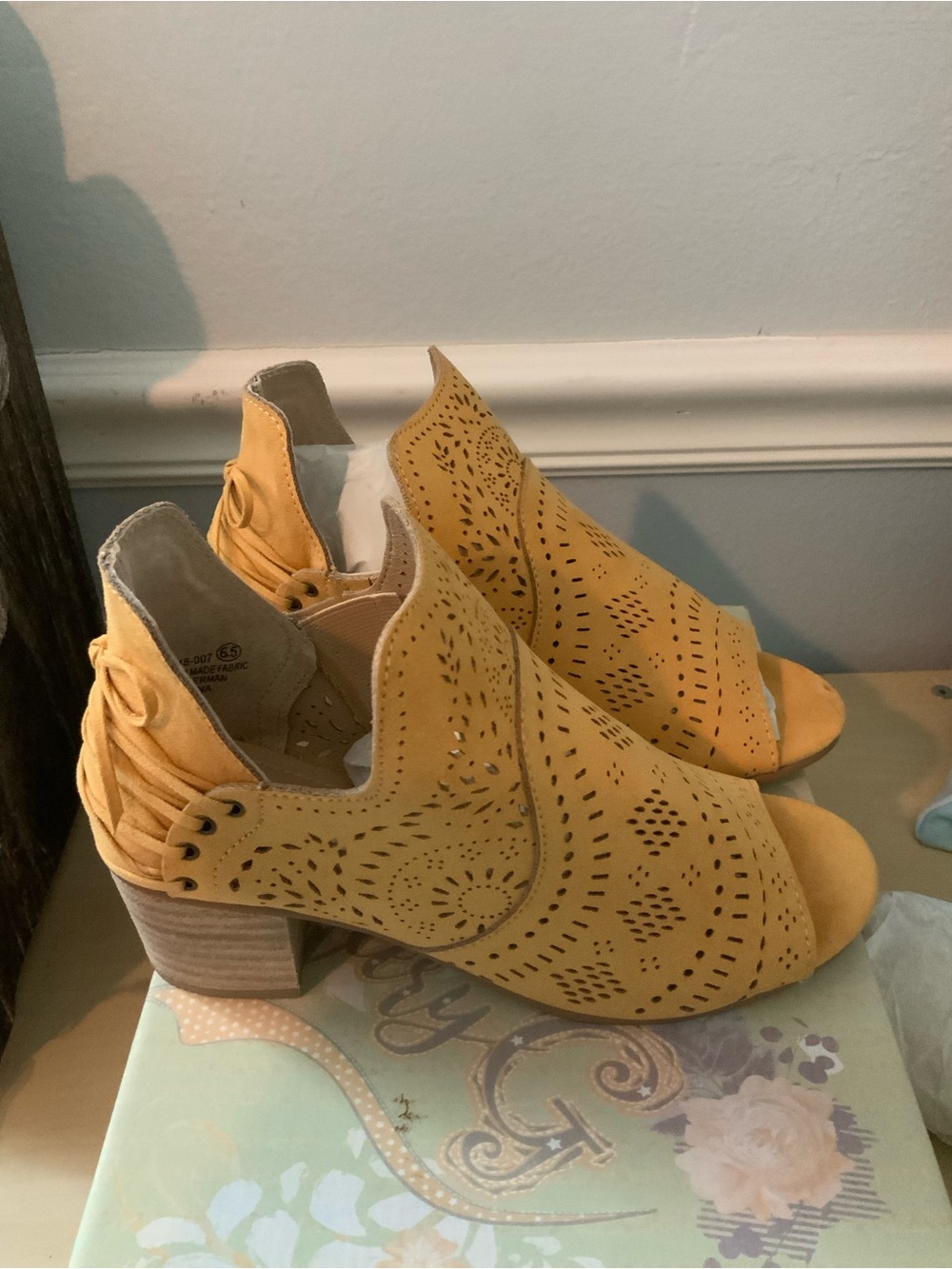 Very G Mustard Laser-Cut Peep Toe Block Heel Booties